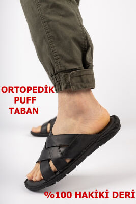 034 TAM Ortopedik Taban Günlük Hakiki Deri Erkek Terlik Deri Terlik - 1
