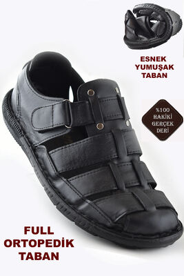 039 Hakiki Deri Ortopedik Puf Taban Erkek Sandalet Ayakkabı Zımbalı Deri Sandalet Erkek - 1