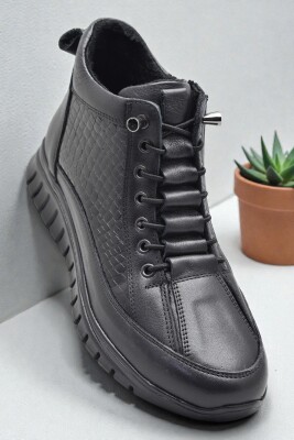 1458-1 Tam Ortopedik Siyah Hakiki Deri Kadın Bot Ayakkabı Fermuarlı Anne Bot - ISPARTALILAR