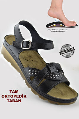 160142.012 CV TAM Ortopedik Taban Günlük Kadın Sandalet Terlik Siyah Sandalet - 1