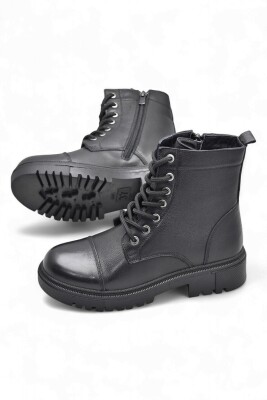 19832 Tam Ortopedik Siyah Hakiki Deri Kadın Bot Bağcıklı Fermuarlı Kışlık Deri Kadın Bot - 4