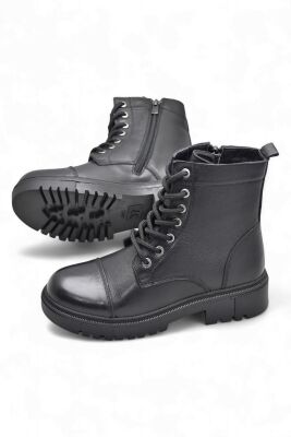 19832 Tam Ortopedik Siyah Hakiki Deri Kadın Bot Bağcıklı Fermuarlı Kışlık Deri Kadın Bot - 4