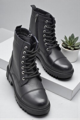 19832 Tam Ortopedik Siyah Hakiki Deri Kadın Bot Bağcıklı Fermuarlı Kışlık Deri Kadın Bot - 1