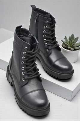 19832 Tam Ortopedik Siyah Hakiki Deri Kadın Bot Bağcıklı Fermuarlı Kışlık Deri Kadın Bot - 1