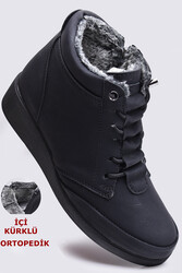 ISPARTALILAR - 210 Ortopedik Taban Lastik Bağcıklı İçi Kürklü Siyah Anne Botu Kadın Bot Ayakkabı