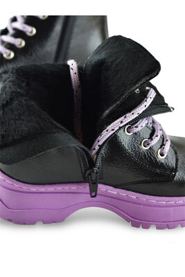 258 Ortopedik Bağcıklı Fermuarlı Kız Siyah Çocuk Bot Ayakkabı Kürklü Kız Çocuk Bot - 6