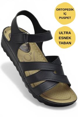 452 TAM Ortopedik Taban Günlük Kadın Sandalet Terlik Siyah Sandalet - 1