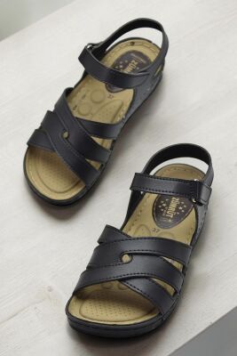 452 TAM Ortopedik Taban Günlük Kadın Sandalet Terlik Siyah Sandalet - 2