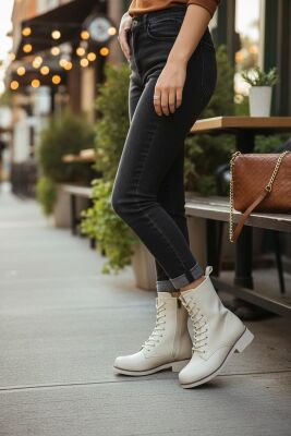 4659 Kadın Bot Ayakkabı Kaymaz Taban Fermuarlı Bağcıklı Günlük Kadın Bot - 14