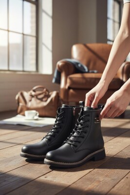 4659 Kadın Bot Ayakkabı Kaymaz Taban Fermuarlı Bağcıklı Günlük Kadın Bot - 2