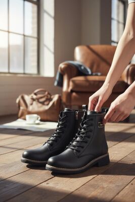 4659 Kadın Bot Ayakkabı Kaymaz Taban Fermuarlı Bağcıklı Günlük Kadın Bot - 2