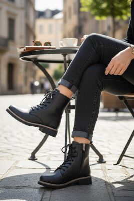 4659 Kadın Bot Ayakkabı Kaymaz Taban Fermuarlı Bağcıklı Günlük Kadın Bot - 4