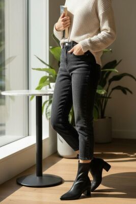 475 Günlük Fermuarlı 6cm Kadın Topuklu Bot Ayakkabı Kalın Topuk Klasik Topuklu Bot - 13