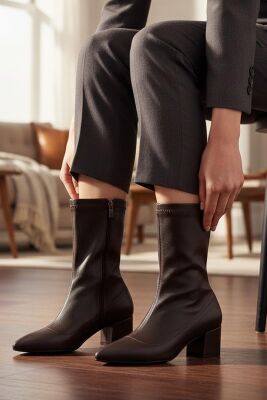 475 Günlük Fermuarlı 6cm Kadın Topuklu Bot Ayakkabı Kalın Topuk Klasik Topuklu Bot - 2