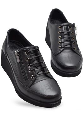 5000 Tam Ortopedik Dolgu Taban Günlük Siyah Hakiki Deri Kadın Ayakkabı Fermuarlı Anne Ayakkabı - 1