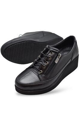 5000 Tam Ortopedik Dolgu Taban Günlük Siyah Hakiki Deri Kadın Ayakkabı Fermuarlı Anne Ayakkabı - 3