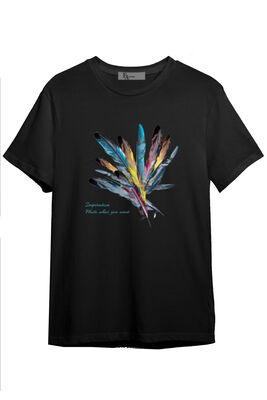 5050 Tüy Baskılı Oversize Erkek T-Shirt Siyah Beyaz Erkek T-Şhirt - 1