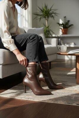 564FD Günlük Fermuarlı Kadın Topuklu Bot Ayakkabı İnce Topuk Klasik Topuklu Bot - 2