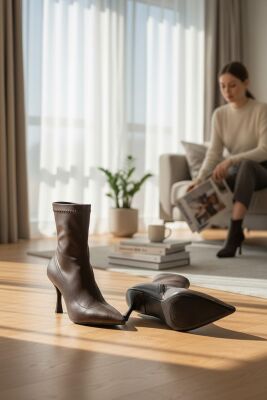 564FD Günlük Fermuarlı Kadın Topuklu Bot Ayakkabı İnce Topuk Klasik Topuklu Bot - 5