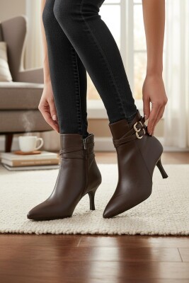 569F Günlük Fermuarlı Kadın Topuklu Bot Ayakkabı İnce Topuk Klasik Topuklu Kadın Bot - 1