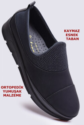 ISPARTALILAR - 77 Sln Ortopedik Taban Günlük Kadın Siyah Ayakkabı Taşlı Ayakkabı