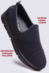 77 Sln Ortopedik Taban Günlük Kadın Siyah Ayakkabı Taşlı Ayakkabı - ISPARTALILAR
