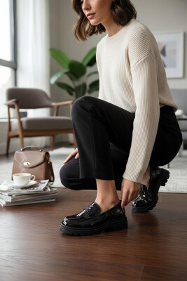 812-L Rahat Taban Günlük Siyah Kadın Laofer Ayakkabı Casual Kadın Ayakkabı Rugan - 3