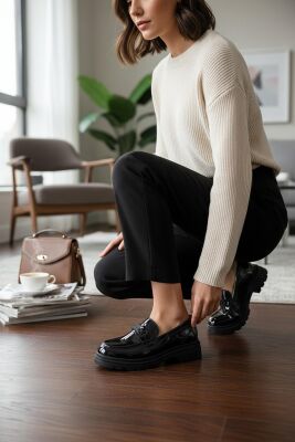 812-L Rahat Taban Günlük Siyah Kadın Laofer Ayakkabı Casual Kadın Ayakkabı Rugan - 3