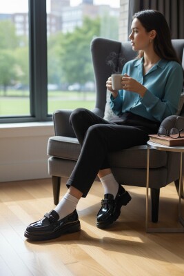 812-L Rahat Taban Günlük Siyah Kadın Laofer Ayakkabı Casual Kadın Ayakkabı Rugan - 7